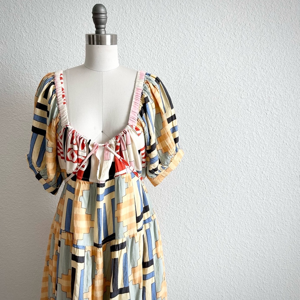 NWT KINCHI BLUE LINEN BLEND BOUTIQUE NATIVE PRINTED COTTAGECORE MAXI DRESS